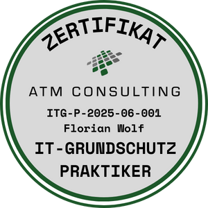 Zertifikat IT-Grundschutz-Praktiker, ausgestellt auf Florian Wolf